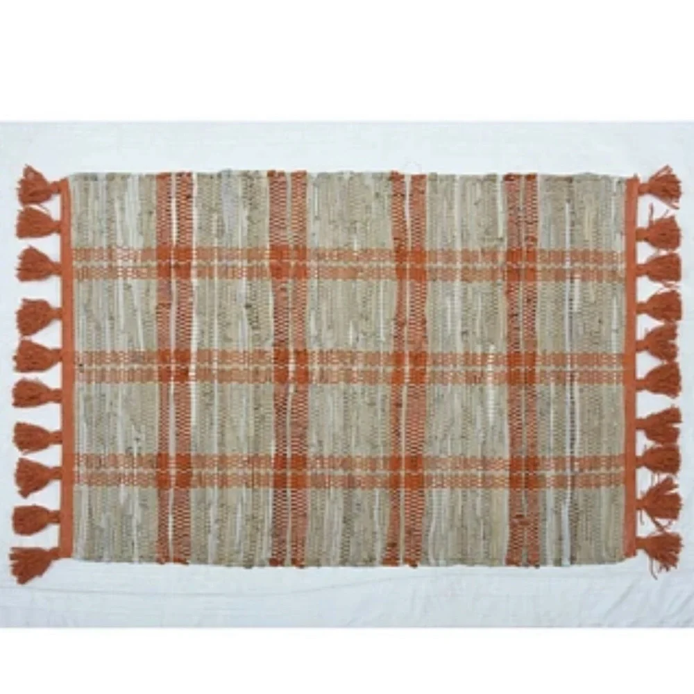 ✨NWT✨RUG 2 ft x 3 ft Orange White Tan Plaid w/ Tassels Eco-friendly